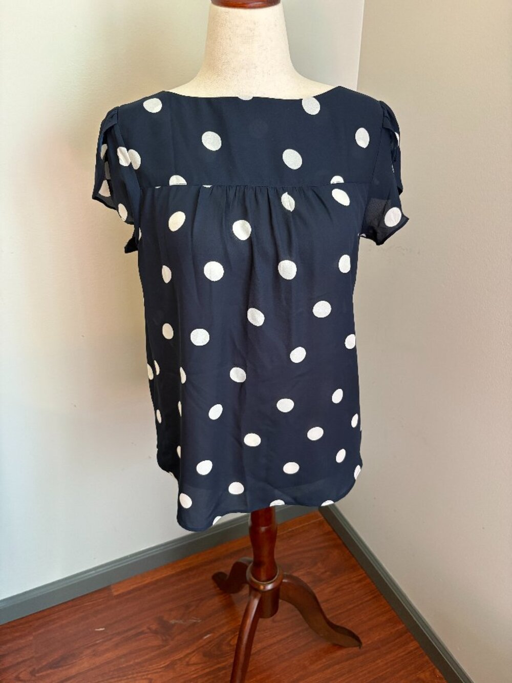 LOFT Navy Polka Dot Blouse Medium Flutter Sleeve Top